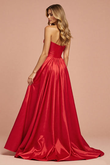 Red Satin A Line Strapless Long Formal Dress with Slit